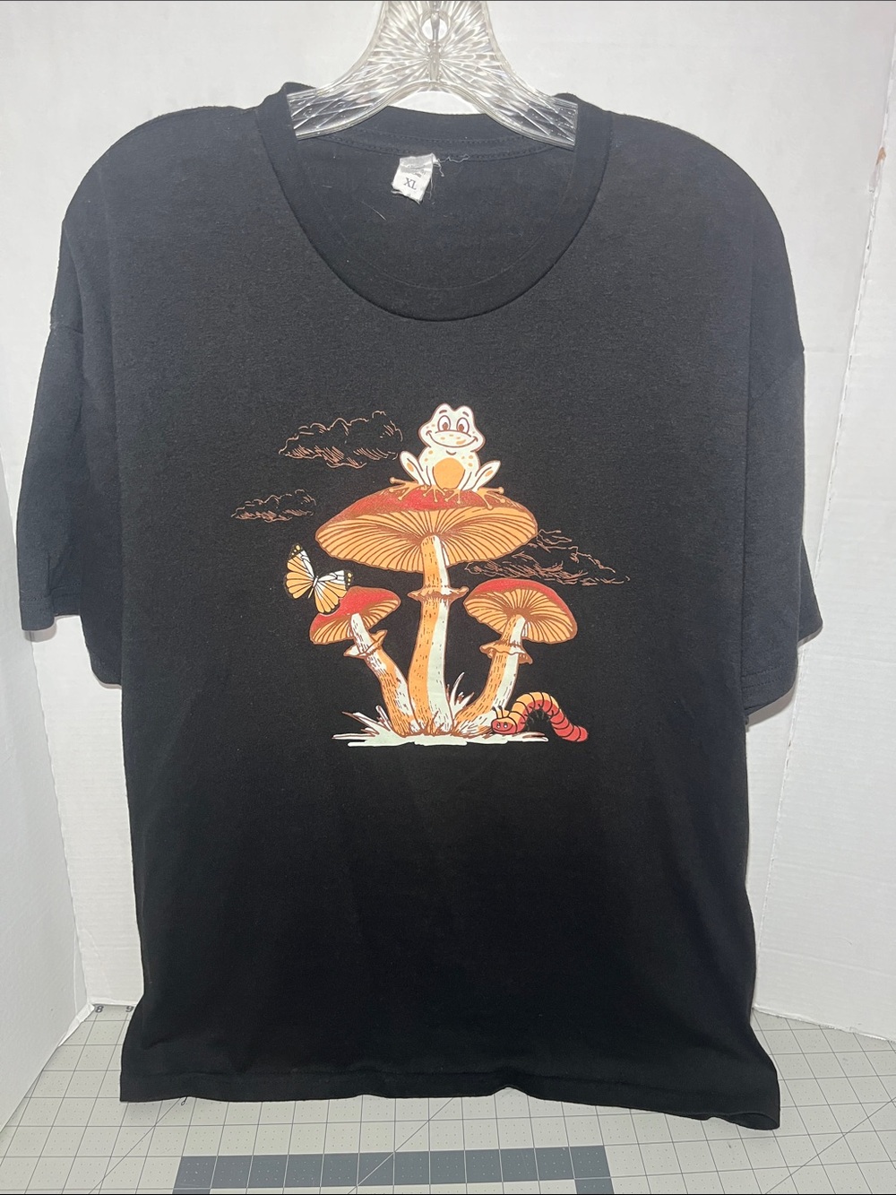 Black Short Sleeve Tee with Orange Mushroom & Frog Graphic
